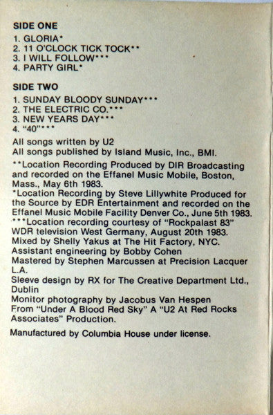 U2 - LIVE Under A Blood Red Sky U.S. Cassette LP Columbia House Edition