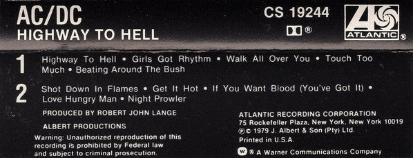 AC/DC - Highway To Hell U.S. Cassette LP