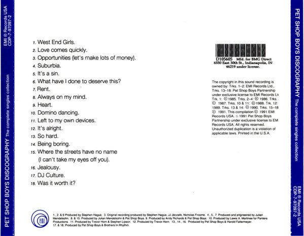 Pet Shop Boys - Discography U.S. CD LP BMG Record Club Issue