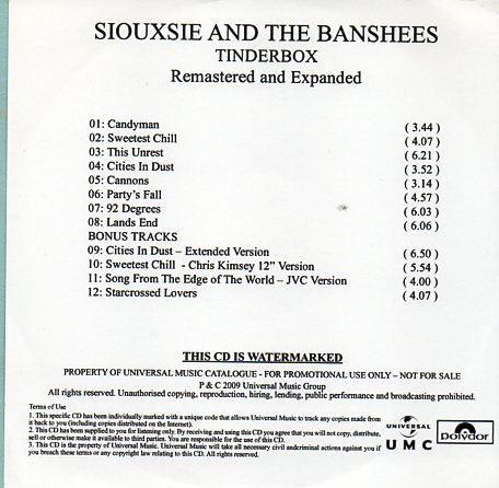 Soiuxsie & The Banshees - Tinderbox RARE U.K. Promotional CD LP