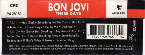 BON JOVI - These Days Canadian Import Cassette LP Club Edition