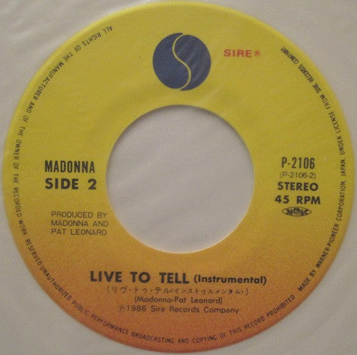 Madonna - Live To Tell Japanese Import 7" Single *White Vinyl*