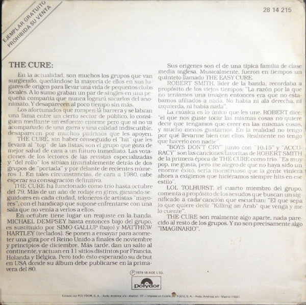 The Cure - Boys Don't Cry - Very Rare Spanish Promotional 7" Single