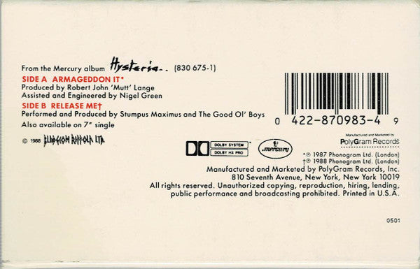 Def Leppard - Armageddon It U.S. ONLY Cassette Single