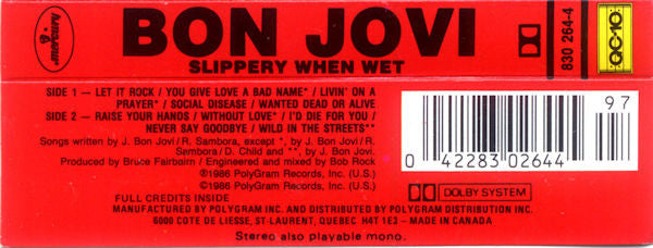 BON JOVI - Slippery When Wet Canadian Import Cassette LP