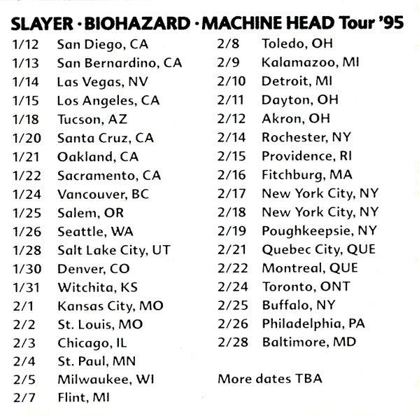 Slayer / Biohazard / Machine Head 1995 9-TrackTour Sampler Promo Only CD