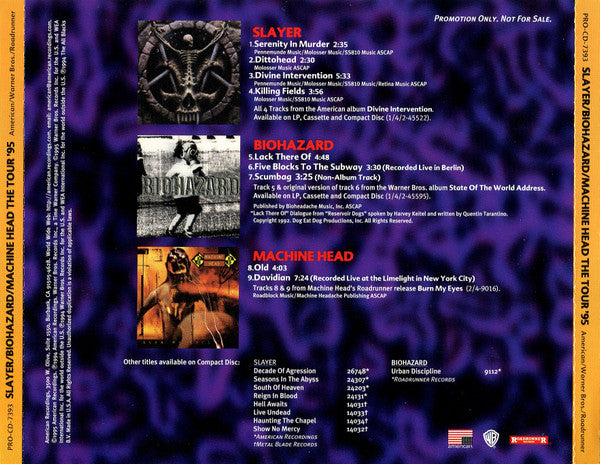 Slayer / Biohazard / Machine Head 1995 9-TrackTour Sampler Promo Only CD