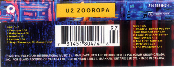 U2 - Zooropa Canadian Import Cassette LP