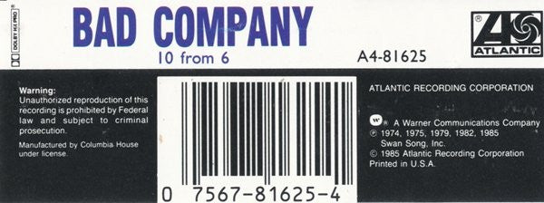 Bad Company - 10 From 6 U.S. Cassette LP