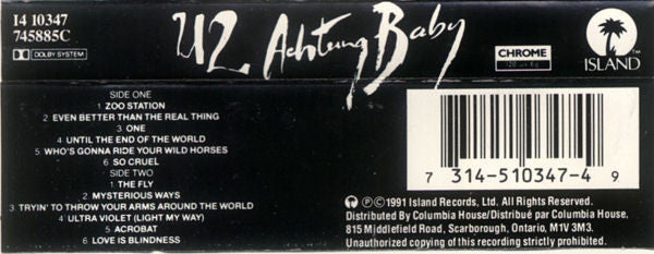 U2 - Achtung Baby Canadian Import Cassette LP Record Club Edition