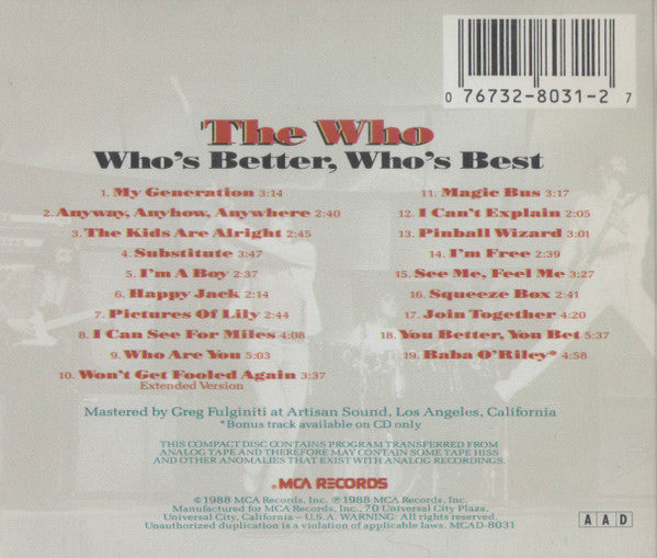 The Who - Who's Better, Who's Best U.S. Greatest Hits CD LP