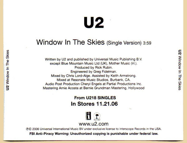 U2 - Window In The Skies U.S. One Track Promotional Only CD Single