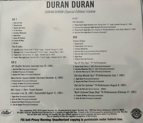 Duran Duran - First Album U.S. Promotional Only 2xCDr + 1xDVDr Remaster