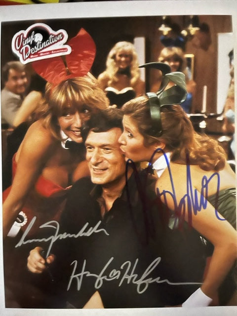 Hugh Hefner & Playboy Bunnies - Hand Signed x 10 Photo W/ Carrie Fisher & Penny Marshall