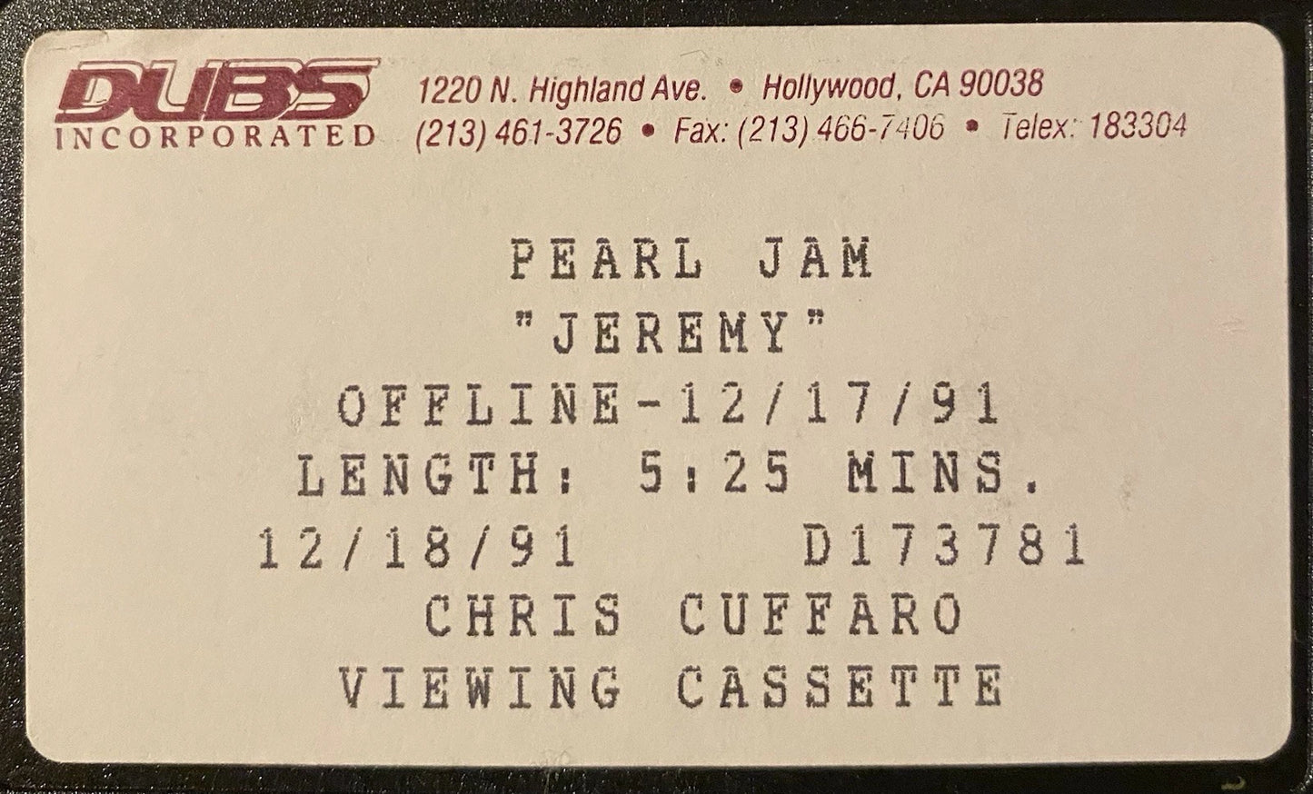 PEARL JAM - JEREMY RARE U.S. Promotional Only VHS Single