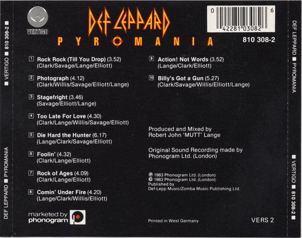 Def Leppard - Pyromania       German Import CD LP