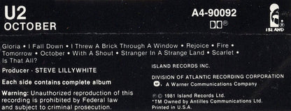 U2 - October   U.S.  Cassette LP  Columbia House Edition