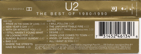 U2 - The Very Best Of 1980-1990   Canadian Import Cassette LP