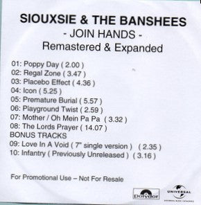 Siouxsie & The Banshees - Join Hands  RARE U.K. Promotional Only CD LP