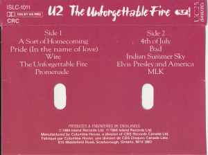 U2 - The Unforgettable Fire    Canadian Import Cassette LP Record Club Issue