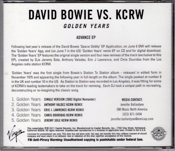 David Bowie - Golden Years - VERY Rare KCRW Remixes Promo Only CD