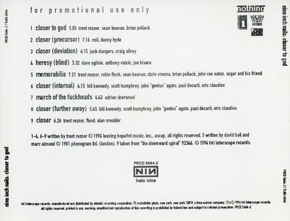 Nine Inch Nails - NIN - Closer To God - EXTREMELY RARE 9-Track Promotional CD