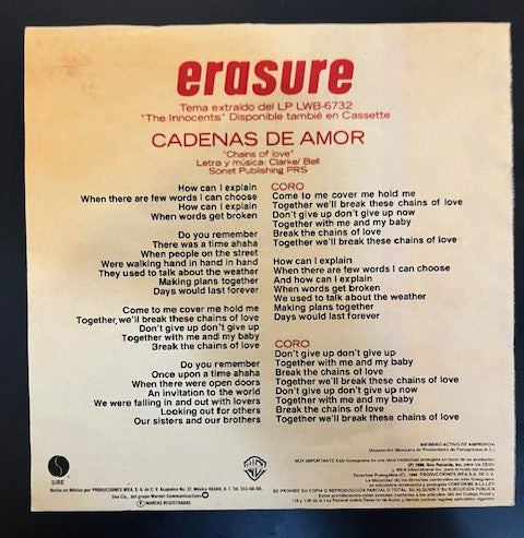 ERASURE - Chains Of Love  RARE Mexican Promo 7" Single