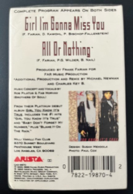 Milli Vanilli - Girl I'm Gonna Miss You  U.S. Cassette Single